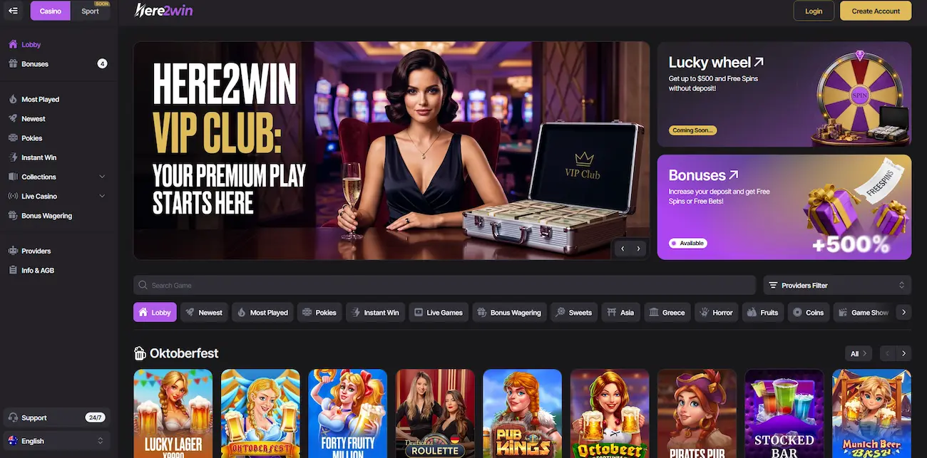Here2Win Casino Lobby mit VIP-Club-Banner, Bonusbereich und Oktoberfest-Slots