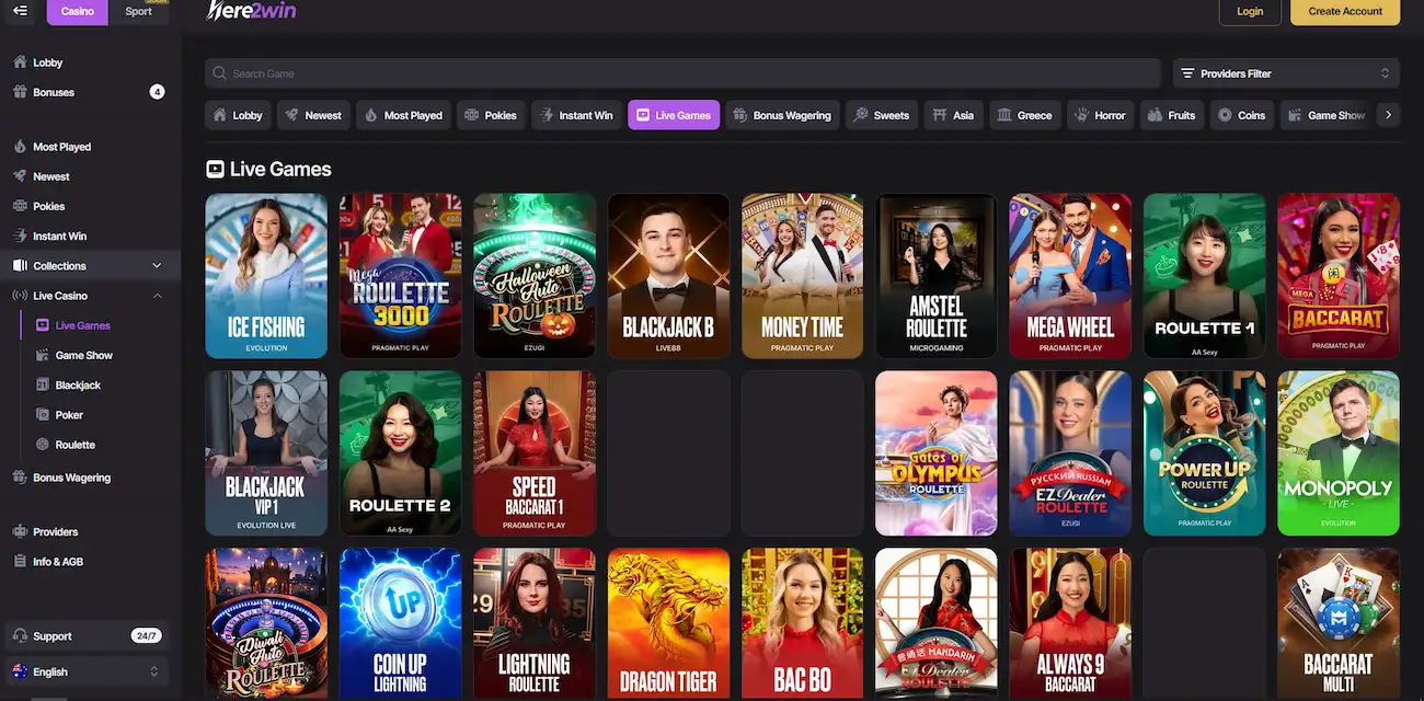 Here2Win Live Casino Lobby mit Live Games, Roulette und Blackjack von Evolution und Pragmatic Play Live