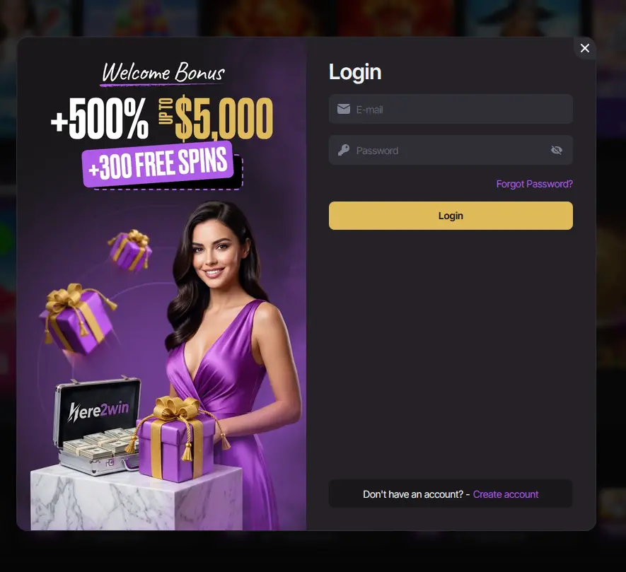Here2Win Login mit E-Mail und Passwort sowie Link zum Zurücksetzen des Passworts