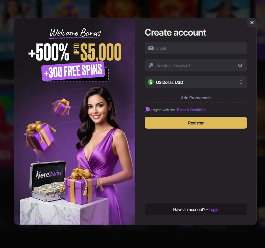 Here2Win Registrierung mit E-Mail, Passwort, Währung und optionalem Promo-Code